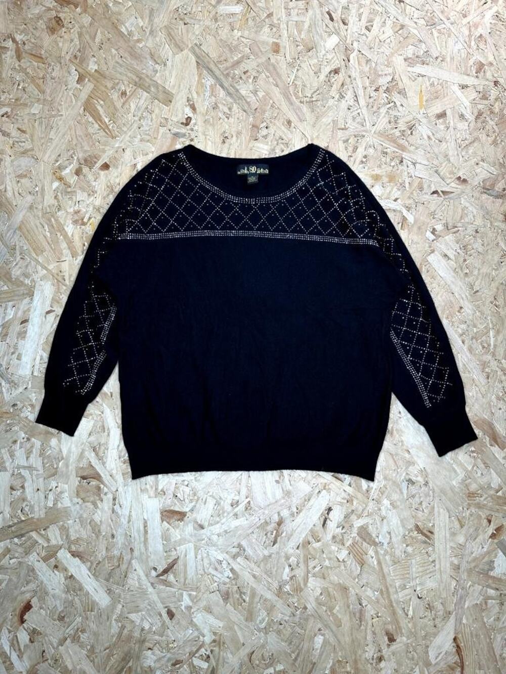 80 Park Womens Knit Sweater XL Black Rhinestone Studded Embellished Pullover